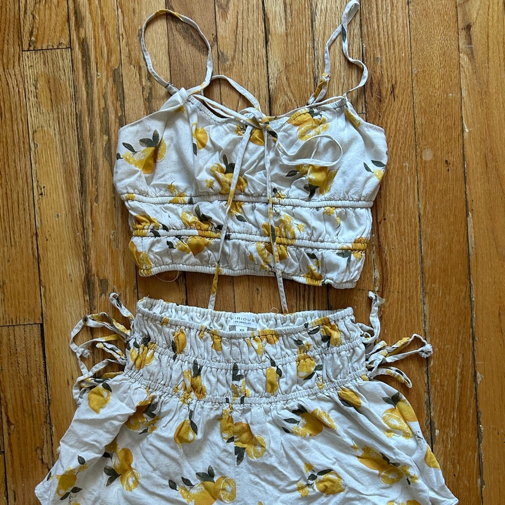 Lemon Print Linen Beach Boho Set. XS/S.